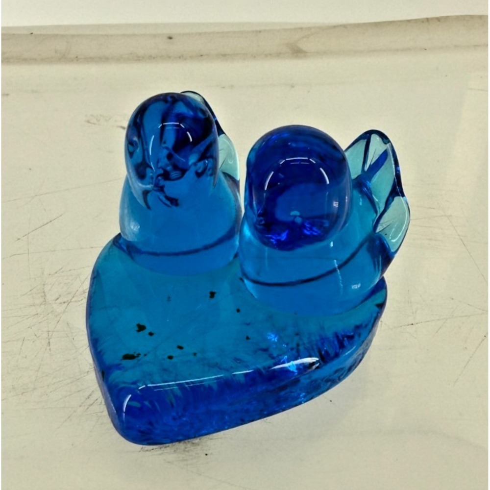 Vintage Blue Art Glass Lovebirds Figurine Cobalt Aqua Bird Pair Paperweight 2.5"